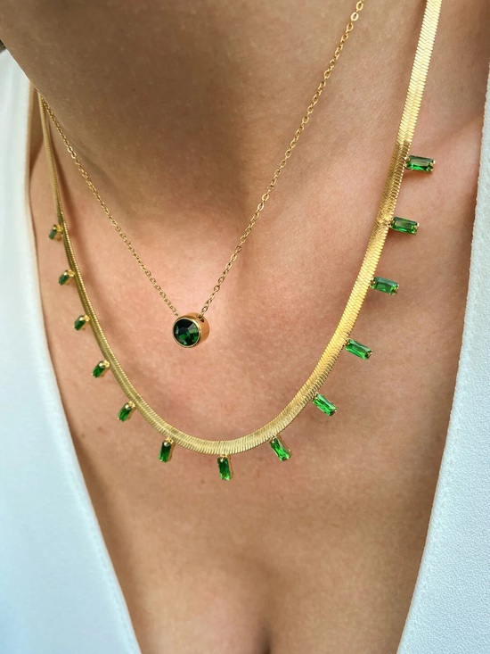 Jewelry - 18K Gold Plated Stainless Steel Emerald Green Baguette Herringbone Necklace